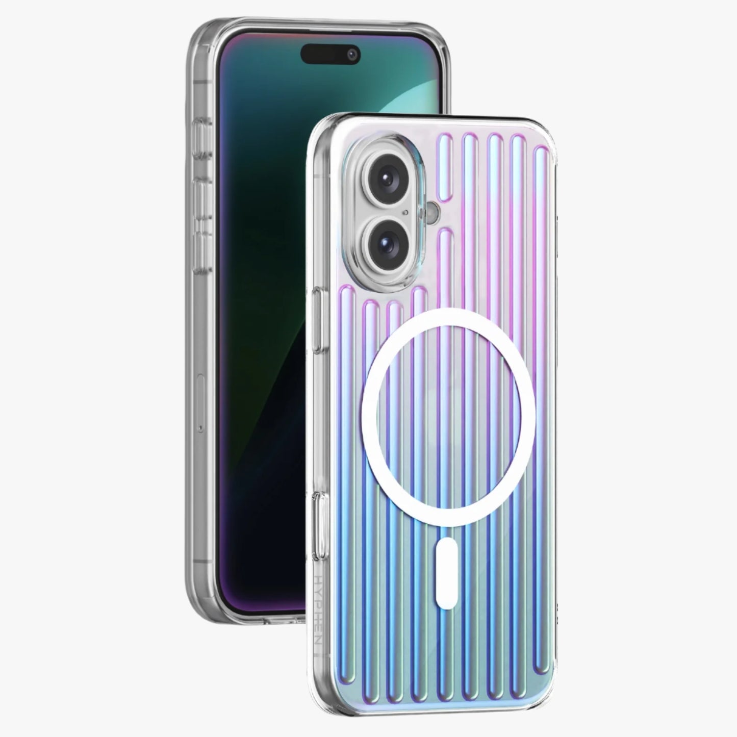A luminous, iridescent phone case with a geometric pattern, designed for an iPhone, showcasing its back and front view.