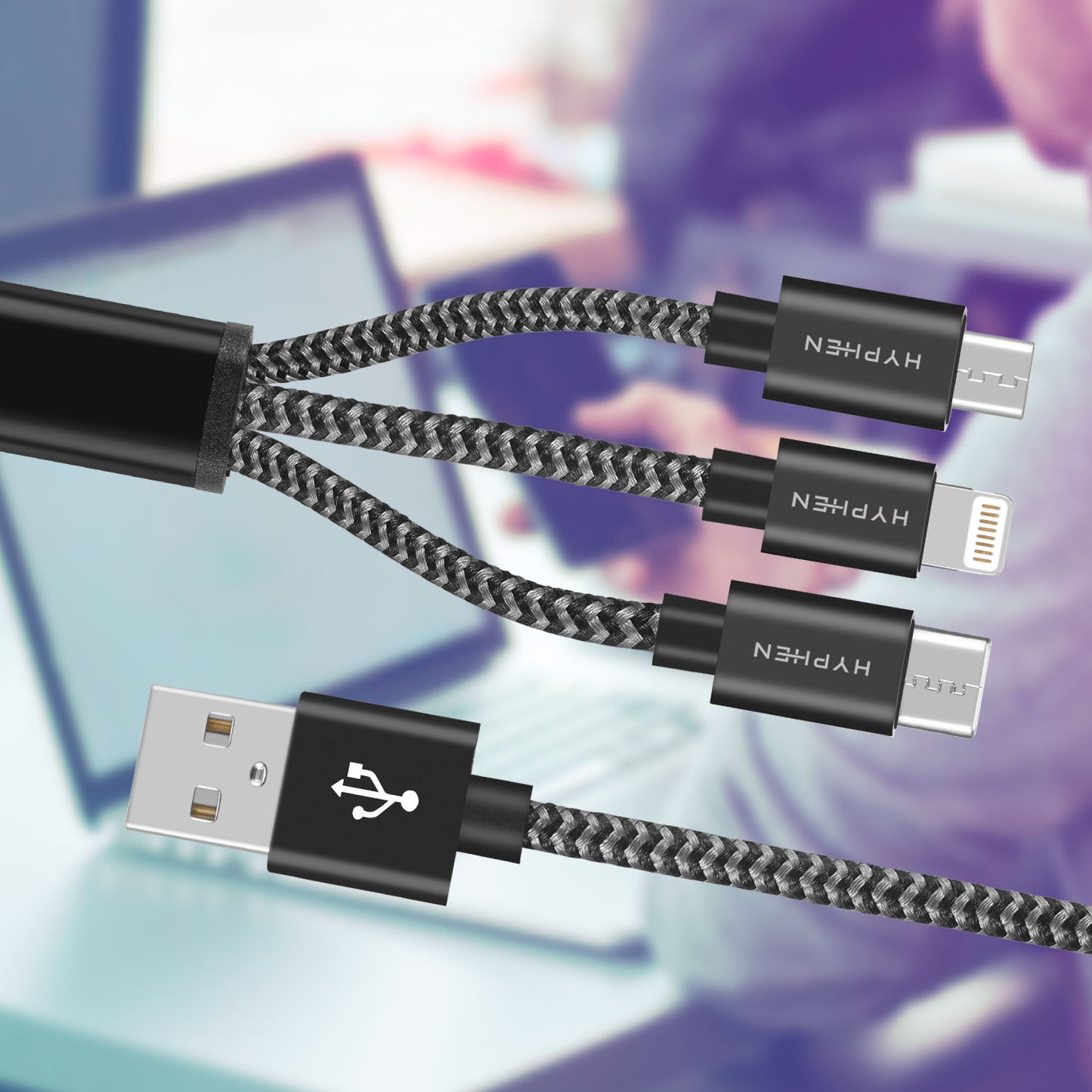TUF Double Braided Nylon Cable - 3 in 1 (USB-A to Lightning, Type C, Micro-USB) | 10W