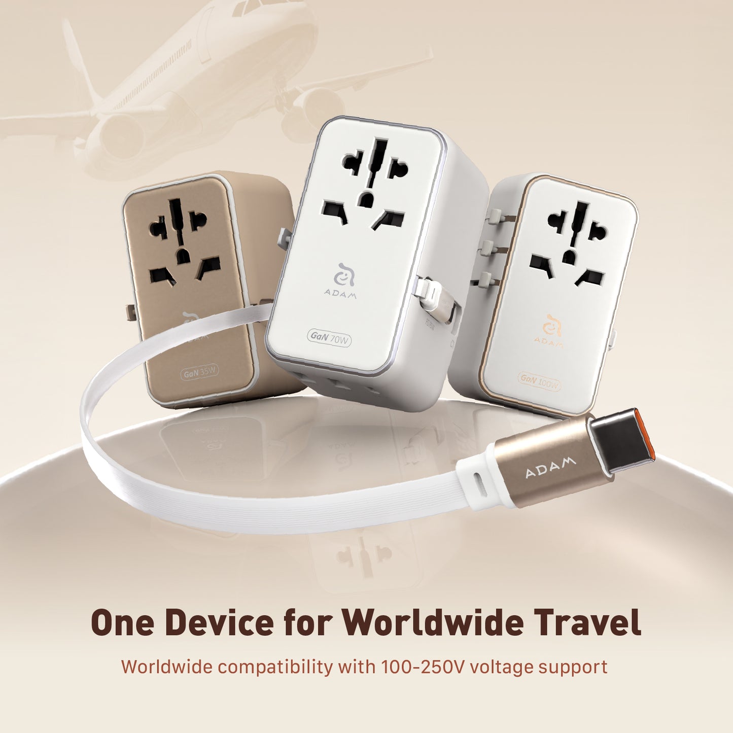 T100L Universal Travel Adapter with Built-In USB-C Cable | 100W