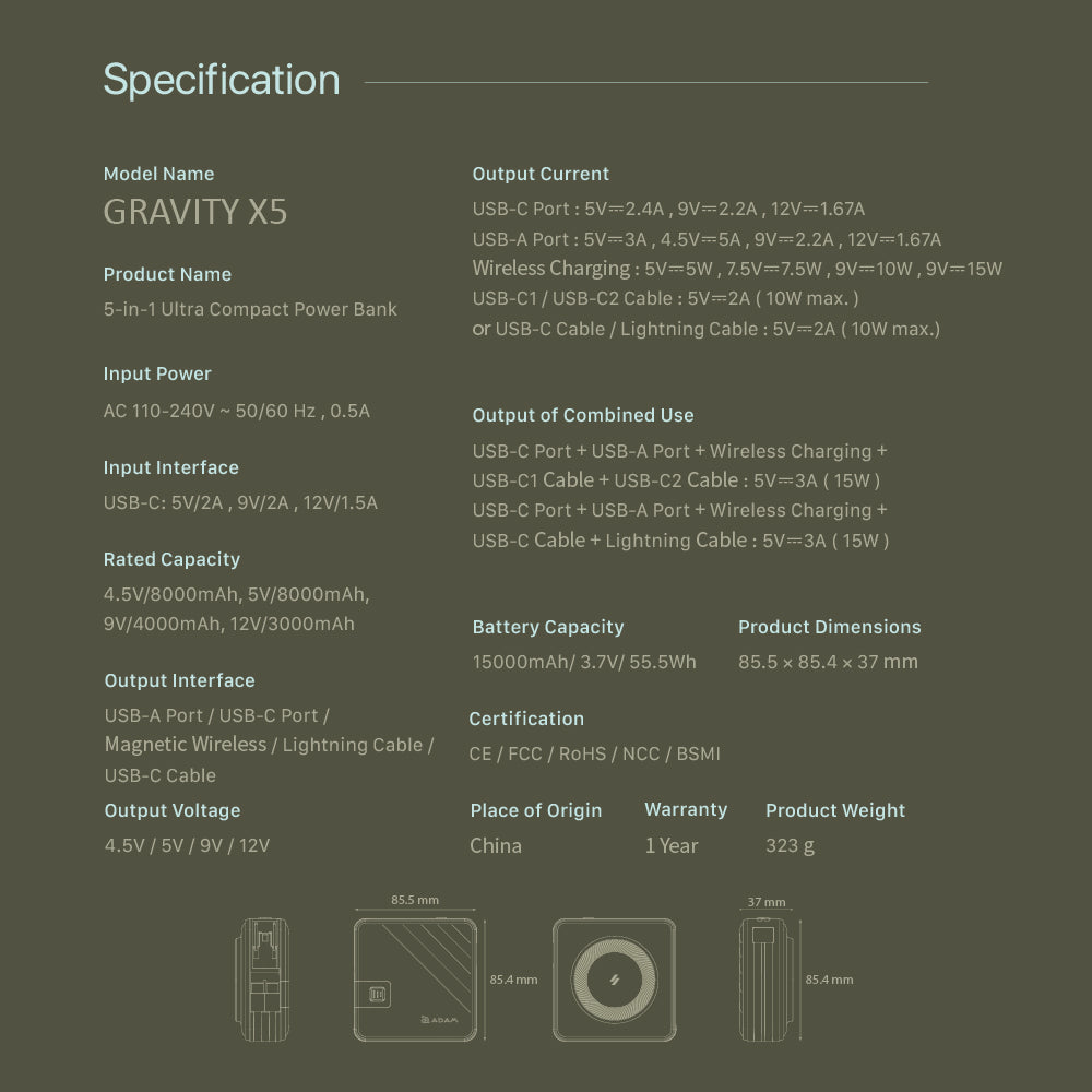 GRAVITY X5 5-in-1 Ultra Compact Power Bank USB-C & Lightning cable | 15000 mAh