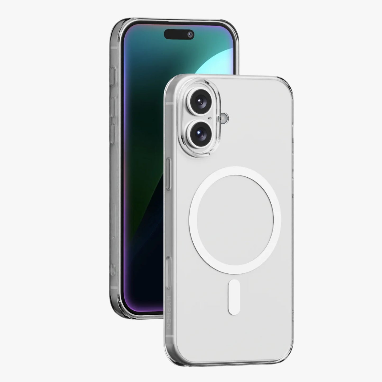 A clear hard case for an iPhone, showing the back and side views with the camera and charging port access.