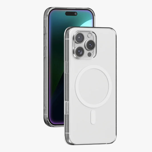 A clear hard case for an iPhone, showing the back and side views with the camera and charging port access.