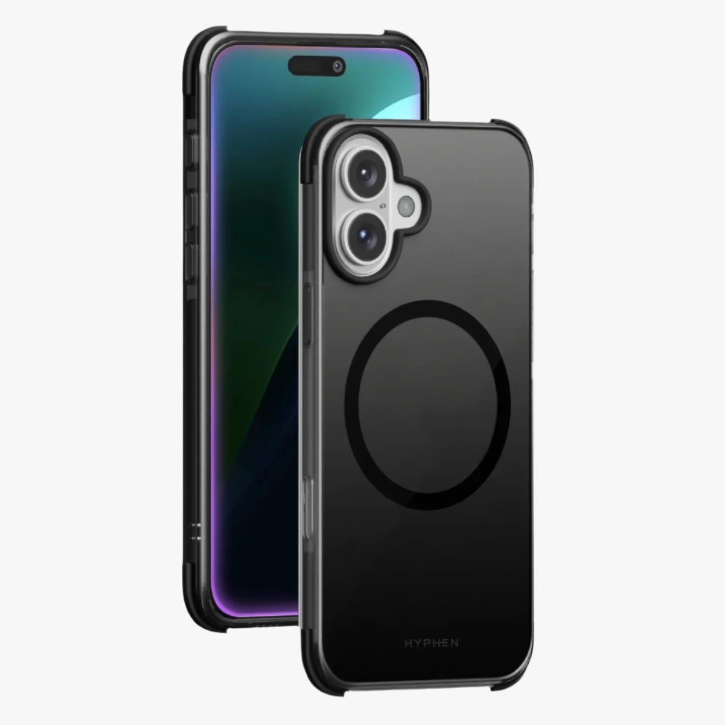 A clear bumper case for iPhone with blue accents around the edges, shown from the front and back.