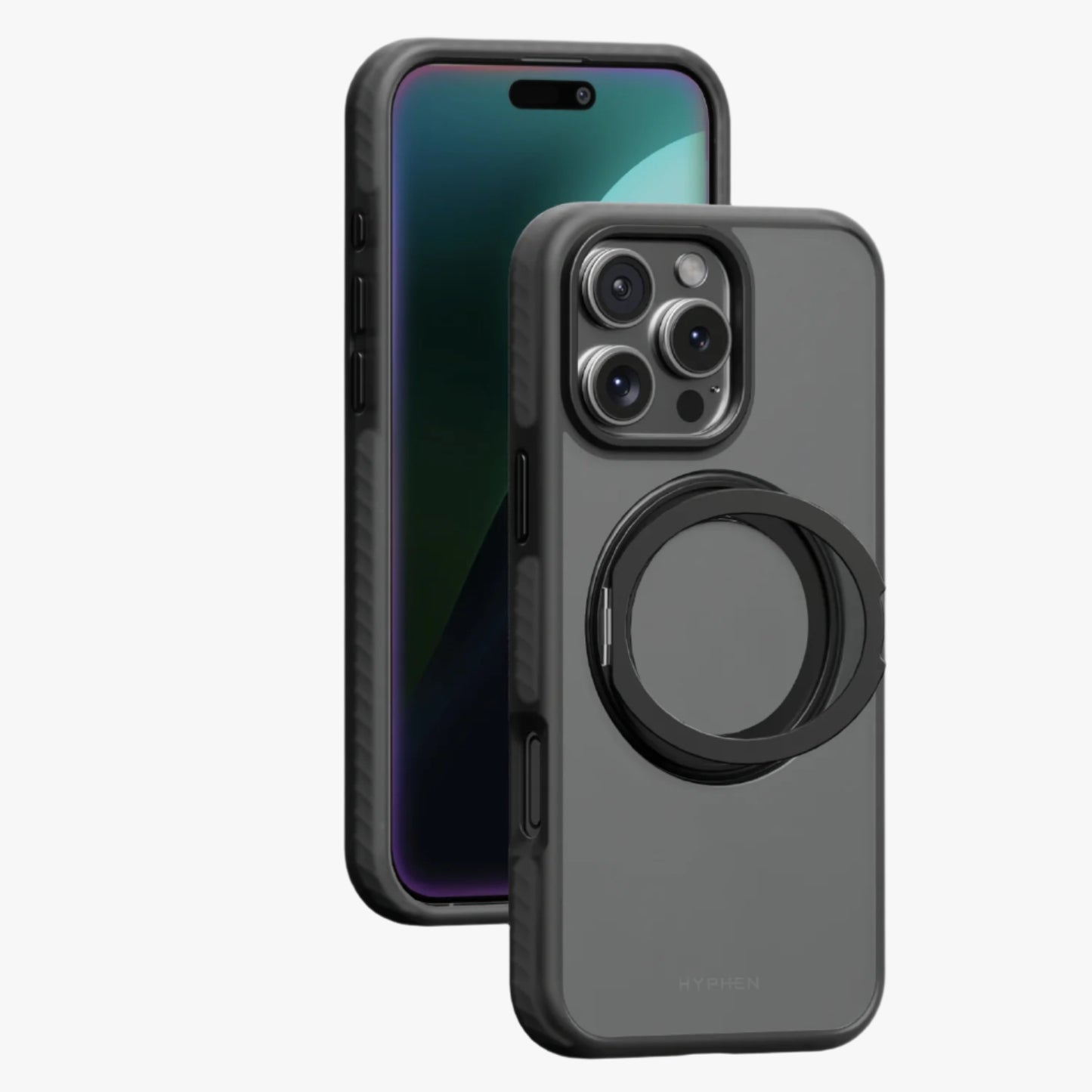 A black AXEL Shockproof Ring Case with a detachable lanyard for an iPhone, displayed from two angles showing the front and back.