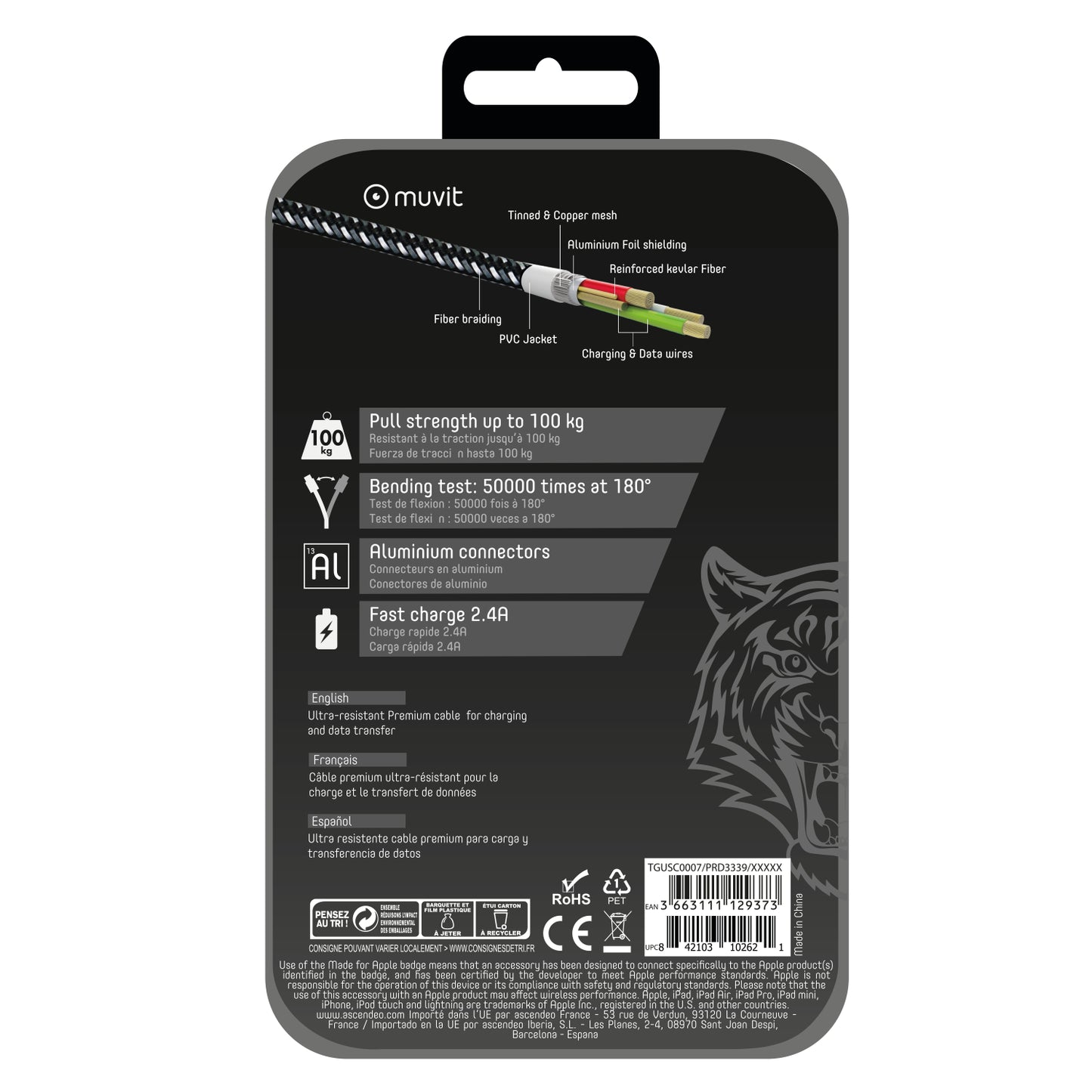 Tiger cable micro usb + lightning mfi + type c 1.2m