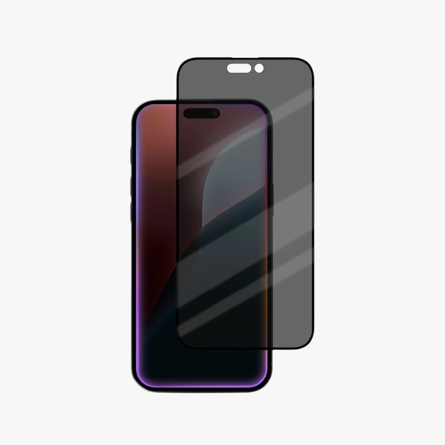 Illustration of a smartphone with a privacy tempered glass screen, showing the front view and the back side with a visible camera and buttons.