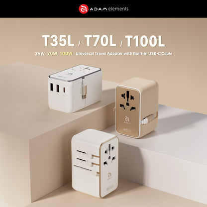 T100L Universal Travel Adapter with Built-In USB-C Cable | 100W