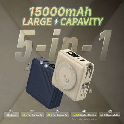 GRAVITY X5 5-in-1 Ultra Compact Power Bank USB-C & Lightning cable | 15000 mAh