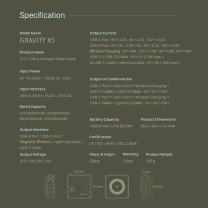 GRAVITY X5 5-in-1 Ultra Compact Power Bank USB-C & Lightning cable | 15000 mAh