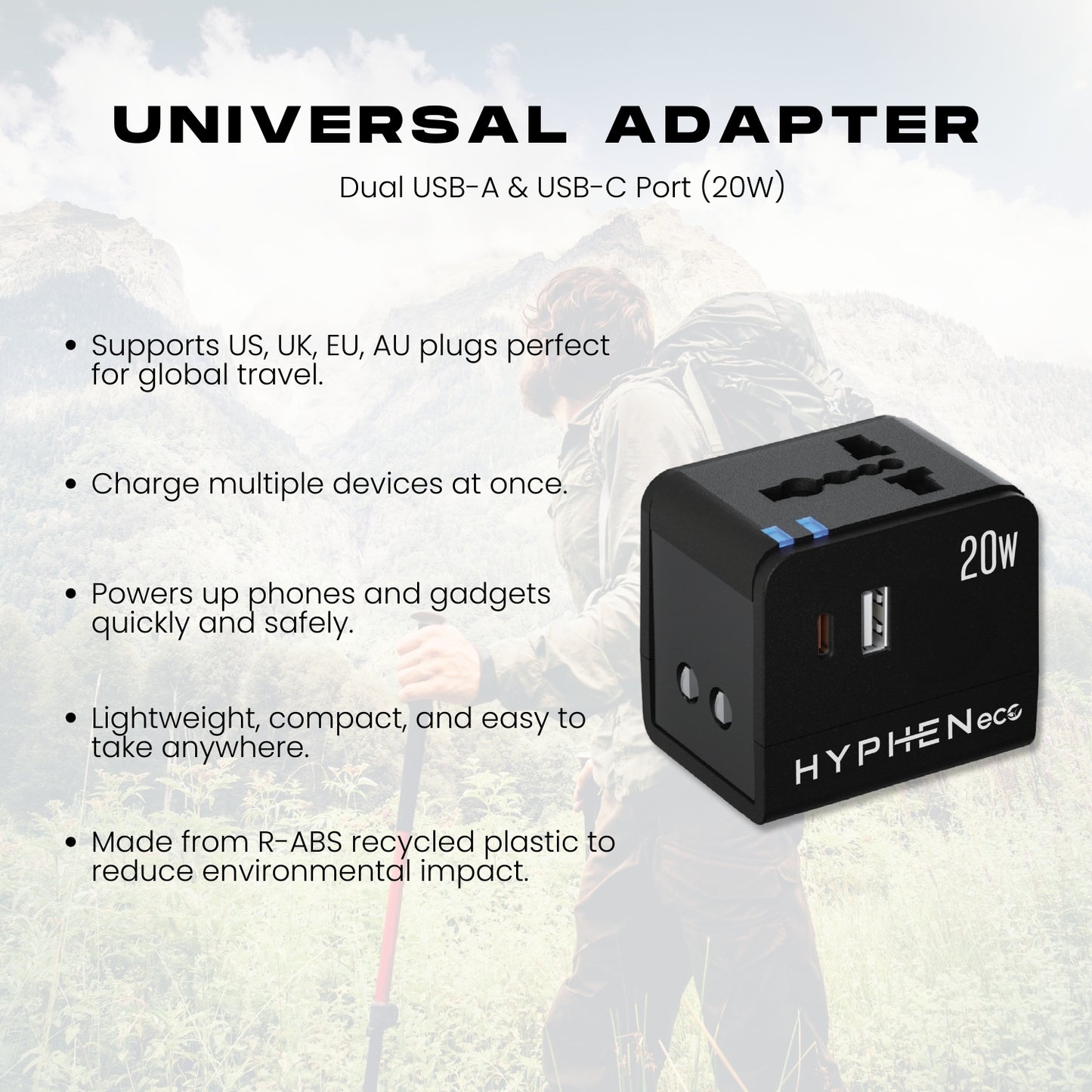 eco Universal Travel Adaptor with USB A & USB C