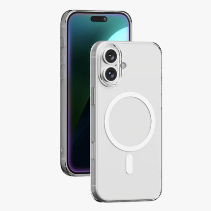 A clear hard case for an iPhone, showing the back and side views with the camera and charging port access.