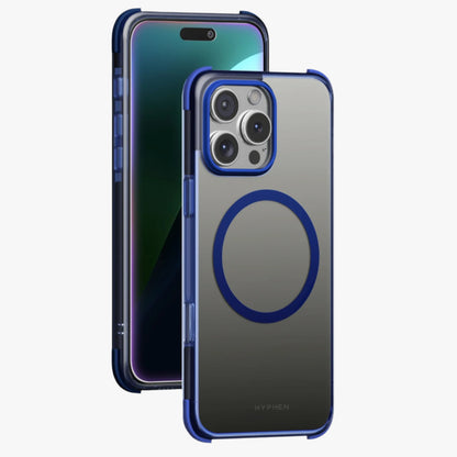 A clear bumper case for iPhone with blue accents around the edges, shown from the front and back.