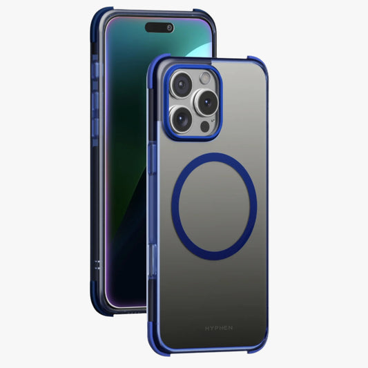 A clear bumper case for iPhone with blue accents around the edges, shown from the front and back.