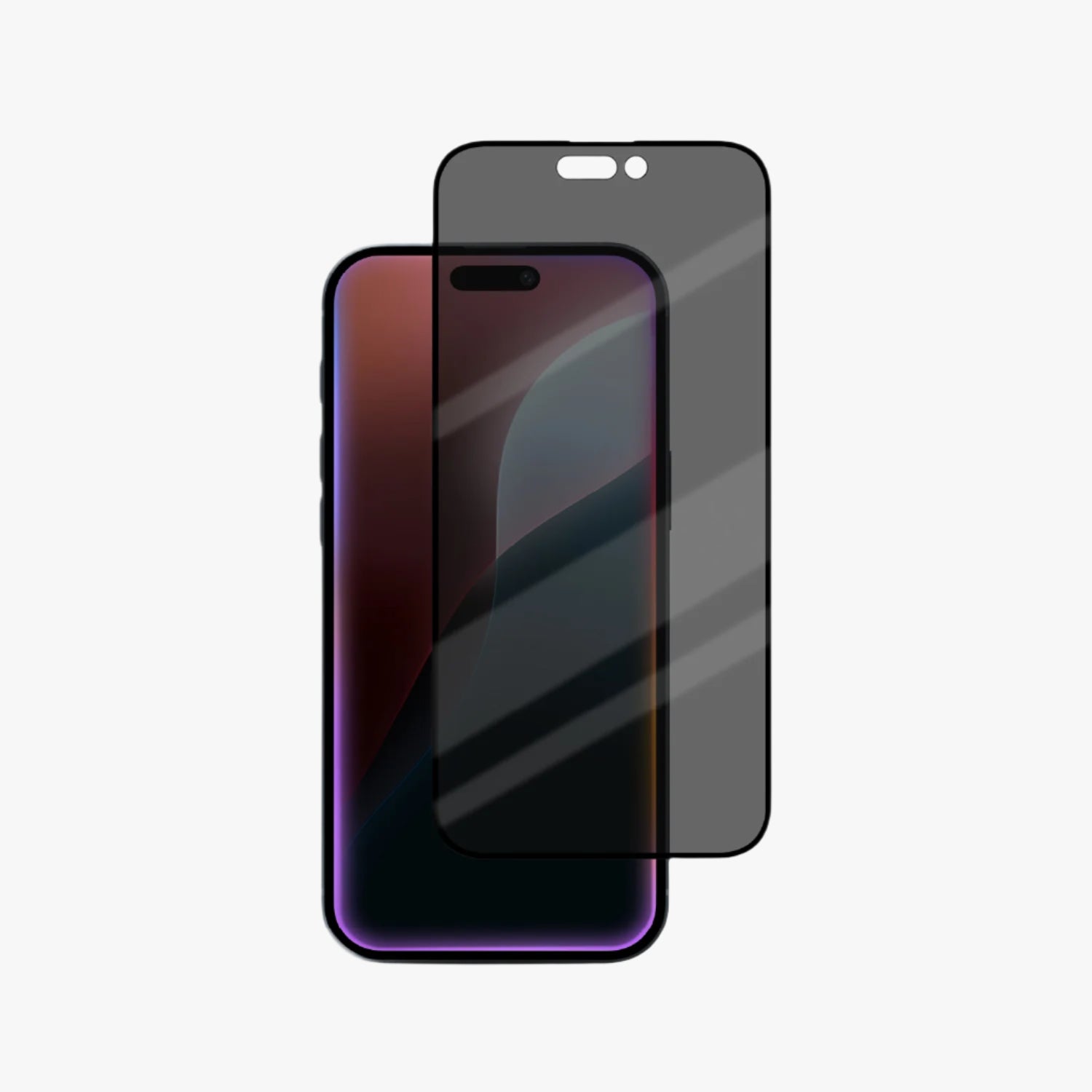Illustration of a smartphone with a privacy tempered glass screen, showing the front view and the back side with a visible camera and buttons.